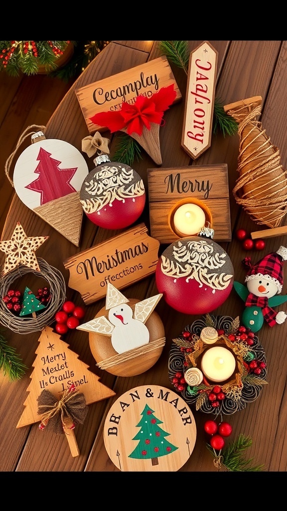 DIY wooden Christmas decorations displayed on a rustic table with pine branches and lights.